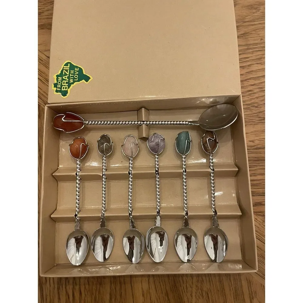 DEMITASSE Spoon Set Natural Gem Stone Twisted BRAZIL With Love Coffee Bar NIB